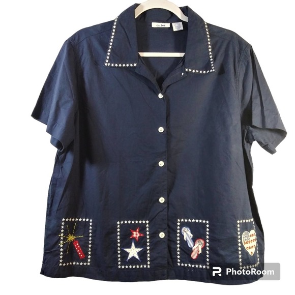 Ms Lee Blue Cotton Short Sleeve Button Up Casual Patriotic Size L - Picture 1 of 5